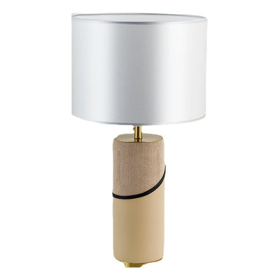 Modern Transitional Fabric Shade Leather Cylinder Base 1-Light Table Lamp For Bedroom