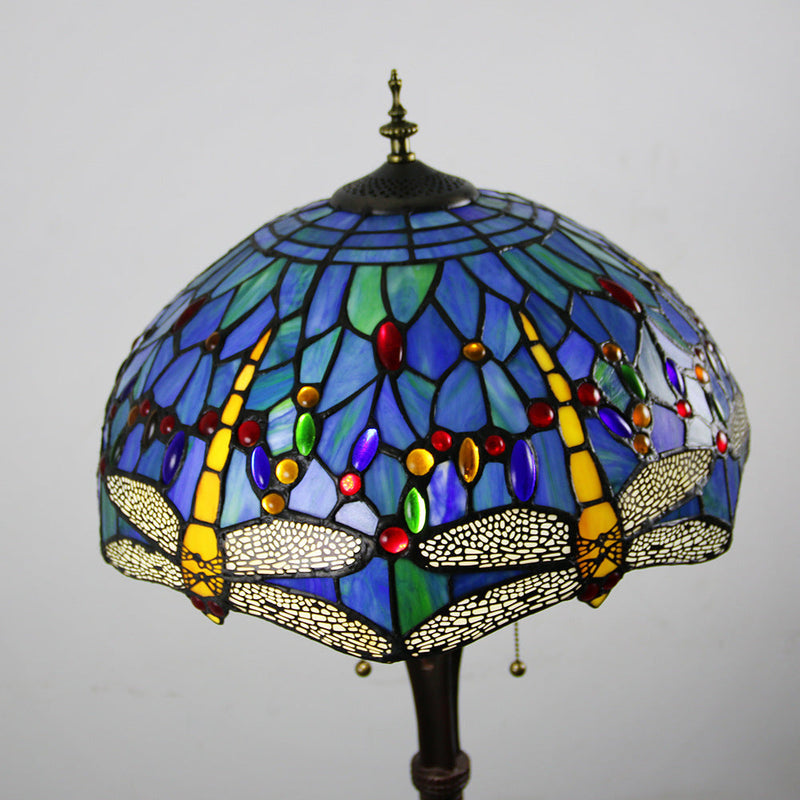 Traditional Tiffany Mediterranean Dragonfly Stained Glass Dome Shade 2-Light Standing Floor Lamp For Home Office