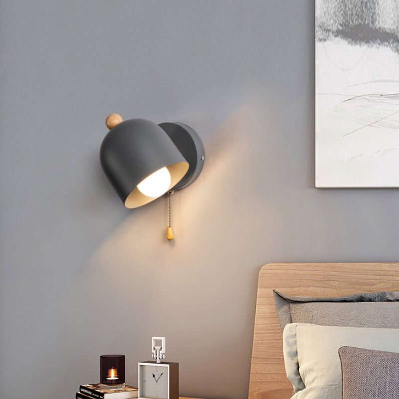 Nordic Simple Dome Shade Log Pull Cord 1-Light Wall Sconce Lamp