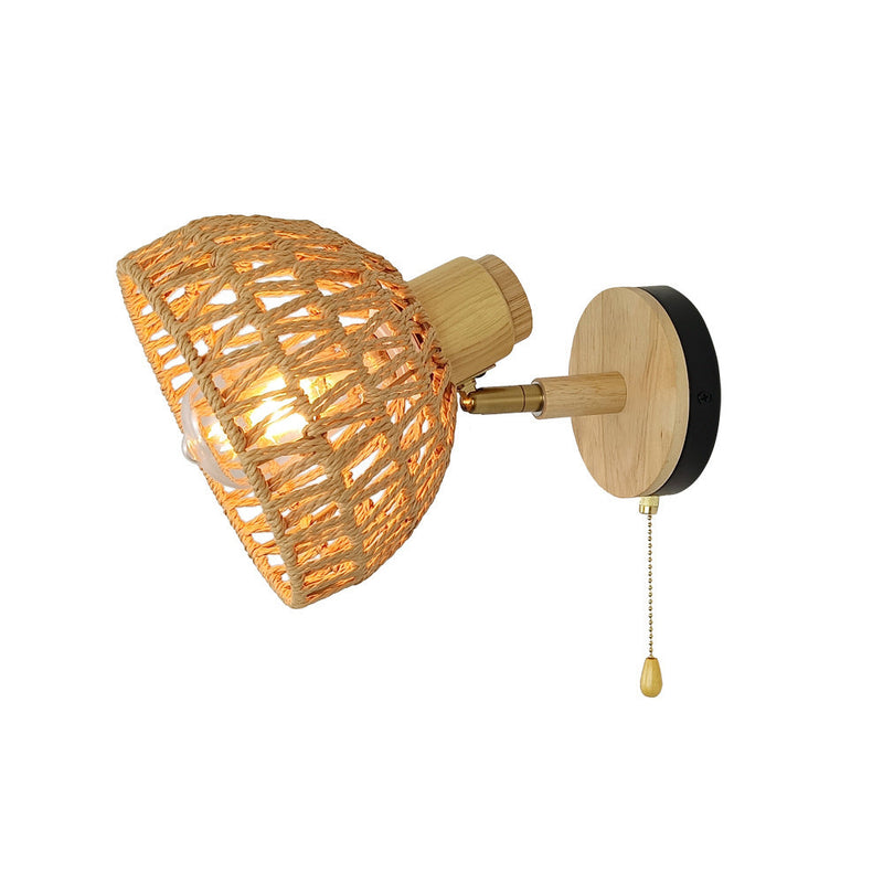 Traditional Farmhouse Paper Rattan Weaving Hollow Out Dome 1-Light Wall Sconce Lamp For Bedroom