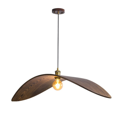 Traditional Japanese Arc Walnut Wood Grain Leaf-Shaped 1-Light Pendant Light For Dining Room