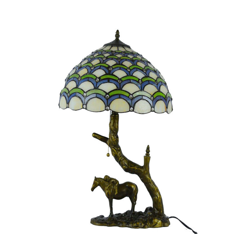 Traditional Tiffany Resin Glass Dome Conic Hemispheric Branch Horse Base 2-Light Table Lamp For Study