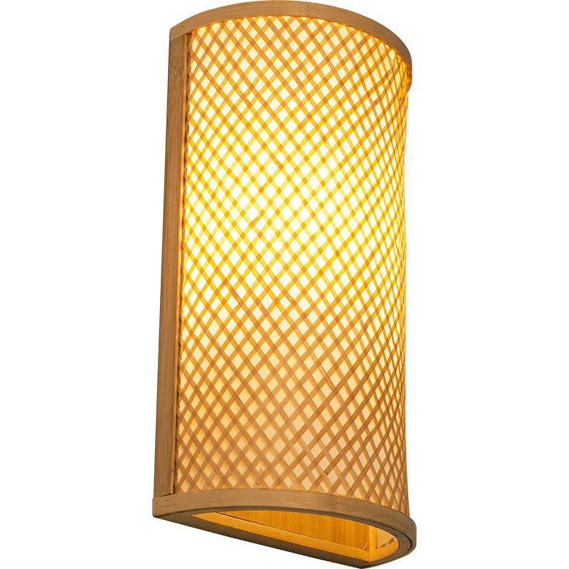 Traditional Japanese Weaving Semicircular Cylinder Bamboo 2-Light Wall Sconce Lamp For Bedside