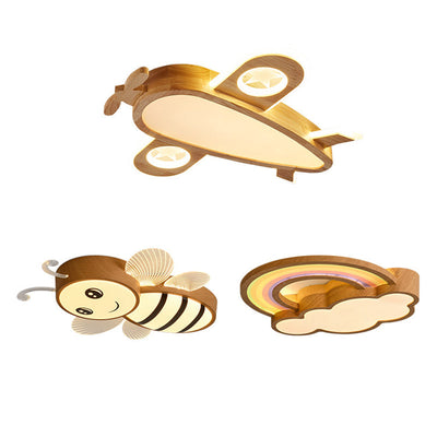 Contemporary Creative Woodgrain Cartoon Animal Bee Aircraft Acrylic LED Kids Flush Mount Ceiling Light For Living Room