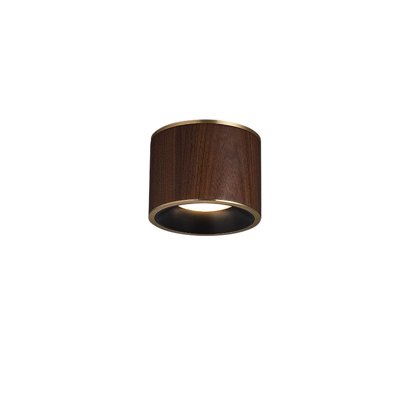 Traditional Chinese Walnut Aluminum Round Cylinder LED Flush Mount Ceiling Light For Hallway