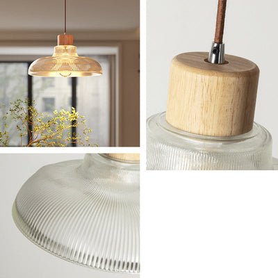 Contemporary Retro Wood Vertical Glass Round Shade 1-Light Pendant Light For Living Room