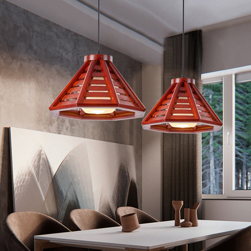 Traditional Japanese Iron Wood Conic Pyramid 1-Light Pendant Light For Dining Room