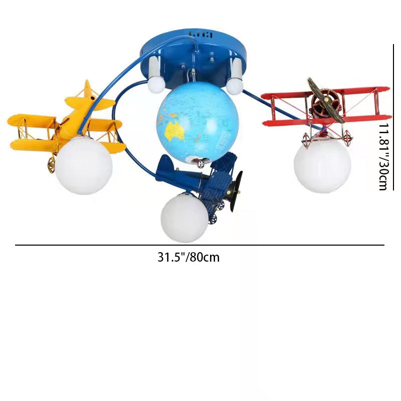 Modern Art Deco Orb Airplane Globe Glass Iron Kids 6-Light Flush Mount Ceiling Light For Bedroom