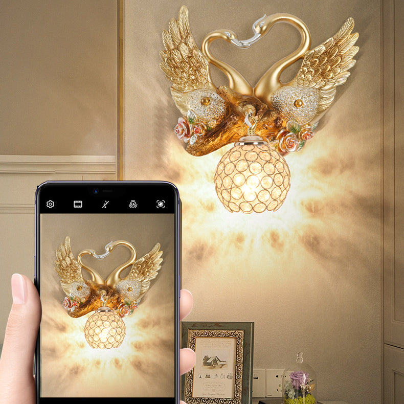 Modern Art Deco Resin Iron Crystal Couple Swan Ball 1-Light Wall Sconce Lamp For Living Room