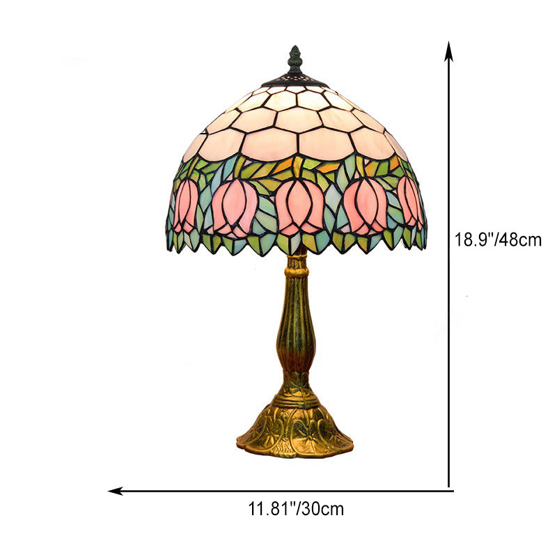 Traditional Tiffany Tulip Floral Aluminum Stained Glass 1-Light Table Lamp For Bedroom