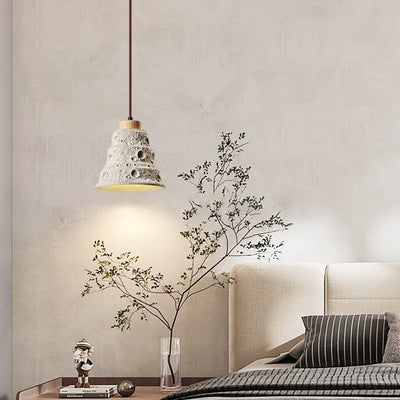 Contemporary Industrial Dome Tapered Solid Wood Cement 1-Light Pendant Light For Living Room