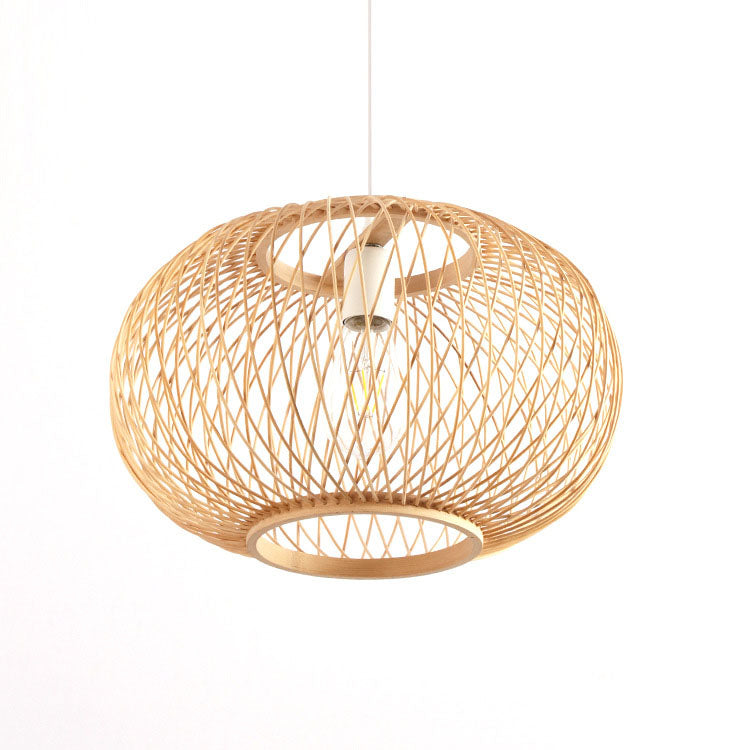 Traditional Japanese Weaving Bamboo Iron Ball Lantern 1-Light Pendant Light For Dining Room