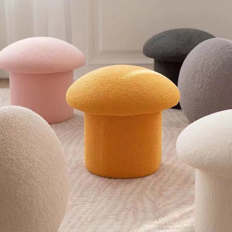 Modern Minimalist Mushroom Cylinder Lambswool Wood Vanity Stool For Bedroom