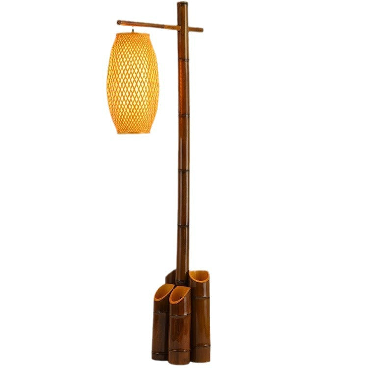 Traditional Chinese Bamboo Tube Weaving Lantern Shade 1-Light Standing Floor Lamp For Dining Room