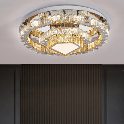 Modern Luxury Round Iron Crystal LED Flush Mount Ceiling Light For Living Room