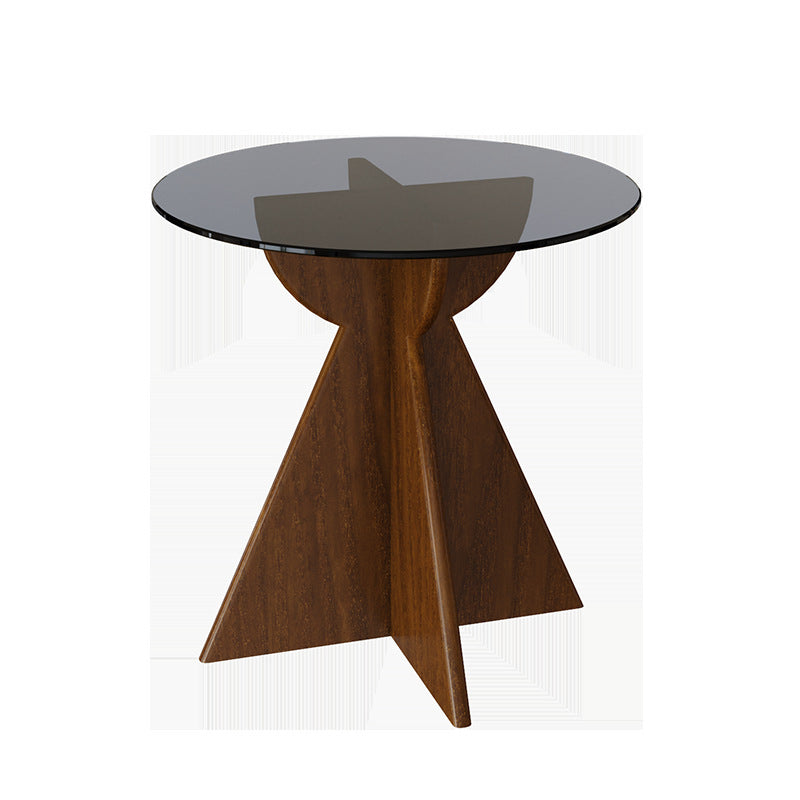 Contemporary Retro Geometric Oval Tempered Glass Wood Base End Table For Living Room