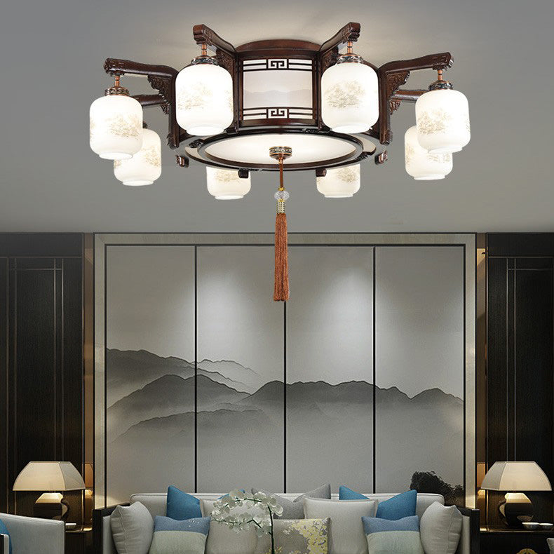 Traditional Chinese Wood Acrylic Glass Round Rectangular Lantern 6/8/10 Light Flush Mount Ceiling Light For Living Room