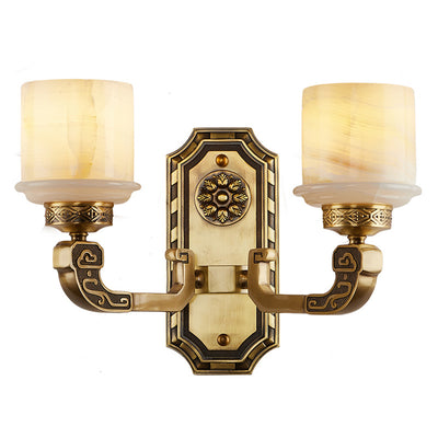 Traditional Chinese Copper Marble Cylinder 1/2 Light Wall Sconce Lamp For Living Room