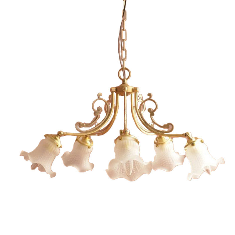 Traditional French Brass Carved Lamp Arm Alabaster Flower Glass 3/5-Light Chandelier For Living Room