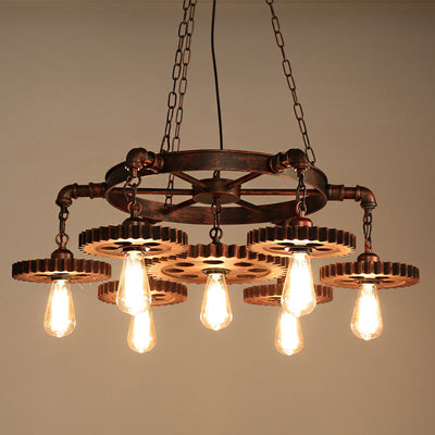 Traditional Vintage Iron Round Frame Gear Design 7-Light Chandelier For Living Room