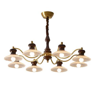 Traditional Vintage Brass Iron Ash Wood Glass Round Bowl 3/6/8 Light Chandeliers For Dining Room