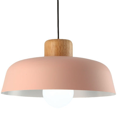 Contemporary Scandinavian Round Bowl Metal Rubber Wood 1-Light Pendant Light For Dining Room