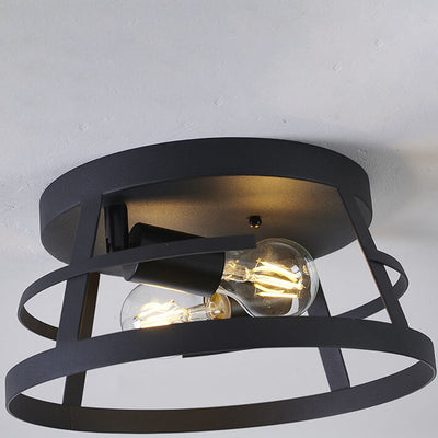 Industrial Minimalist Matte Black Circle Wrought Iron 2-Light Flush Mount Ceiling Light