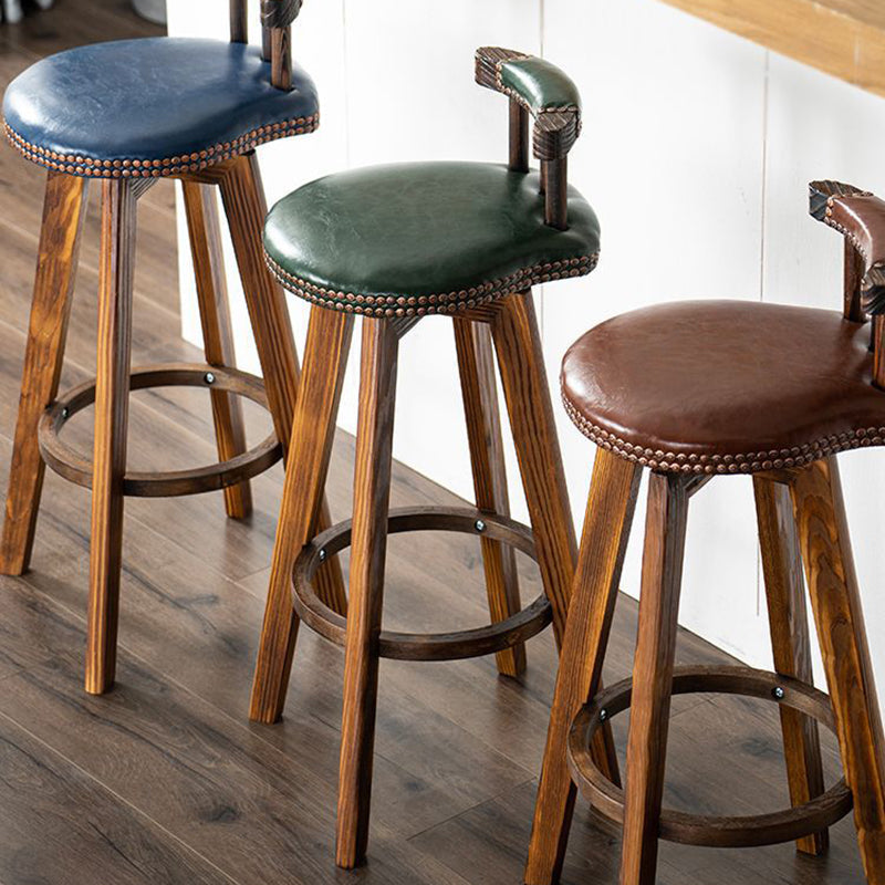 Contemporary Retro Round Leather Wood Legs Swivel Bar Stool Low Back Footrest For Dining Room