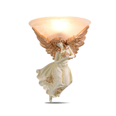 Traditional European Resin Angel Wing Glass Cup Shade 1-Light Wall Sconce Lamp For Living Room