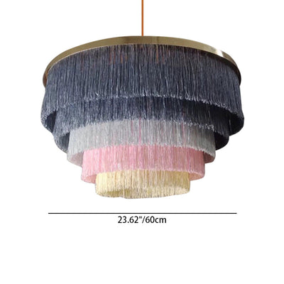 Contemporary Scandinavian Fringe Round Cloth Iron 3-Light Chandelier For Living Room