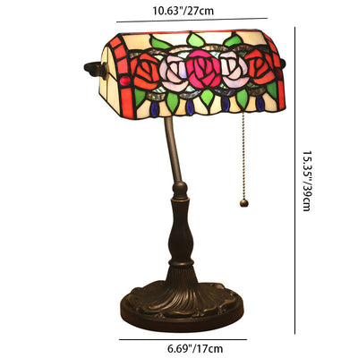 Traditional Tiffany Rectangle Rose Zinc Alloy Stained Glass 1-Light Table Lamp For Living Room