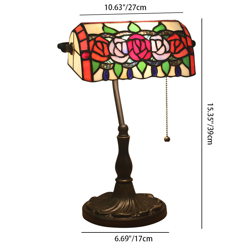 Traditional Tiffany Rectangle Rose Zinc Alloy Stained Glass 1-Light Table Lamp For Living Room