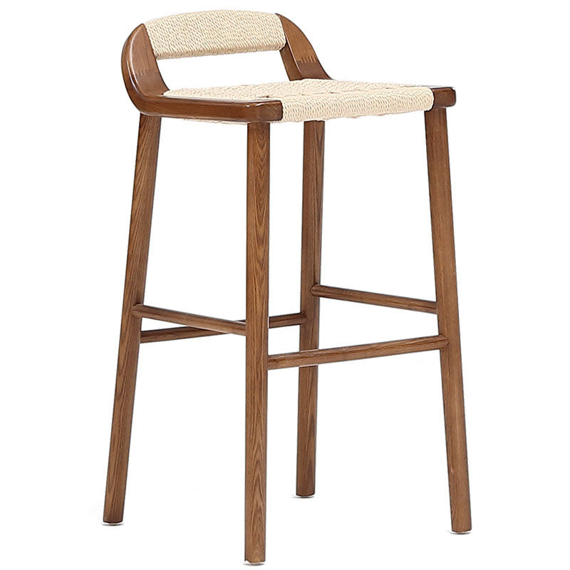 Contemporary Retro Square Kraft Paper Rope Weaving Solid Wood Bar Stool Low Back Footrest For Dining Room