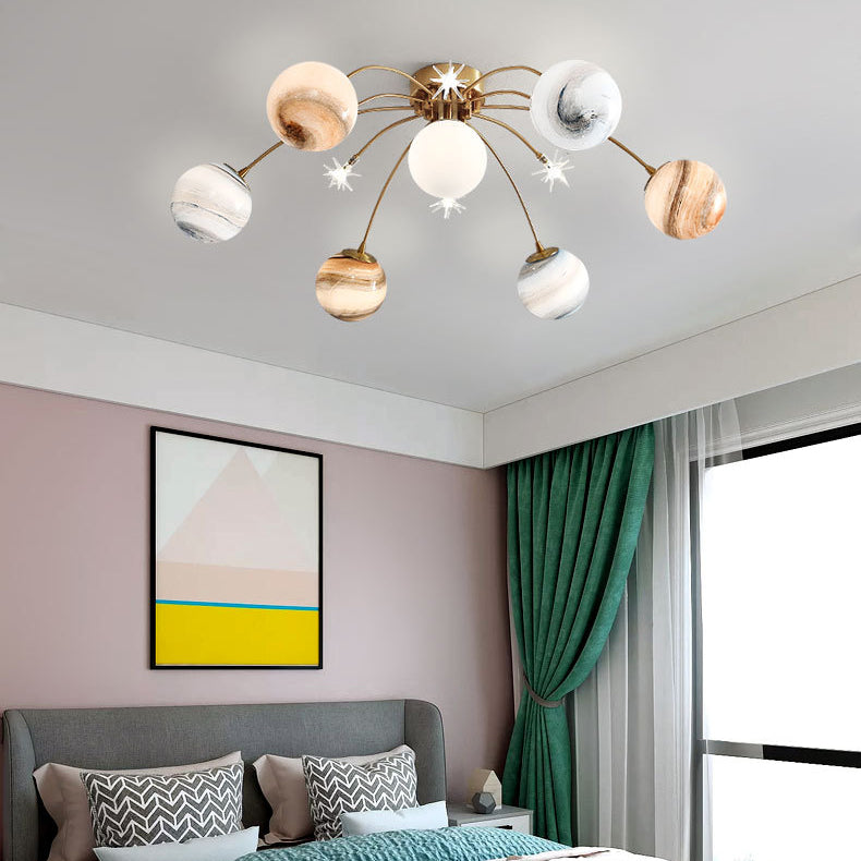 Contemporary Creative Starry Sky Moon Iron Glass 13-Light Semi-Flush Mount Ceiling Light For Bedroom