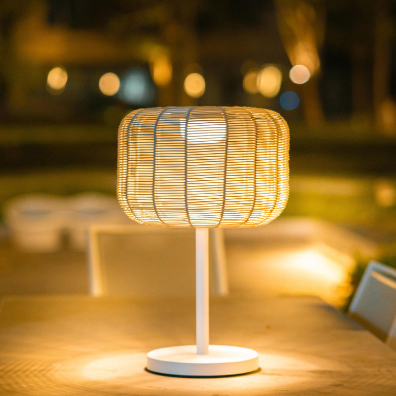 Contemporary Retro Solar Waterproof Weaving Rattan Metal Cylinder LED Landscape Lighting Outdoor Light For Outdoor Patio