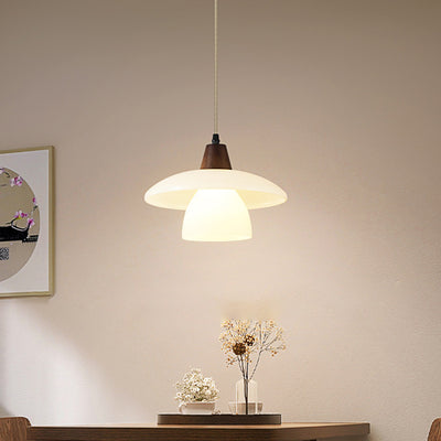 Contemporary Scandinavian Round Table Bowl Flared Oak Glass 1-Light Pendant Light For Bedroom