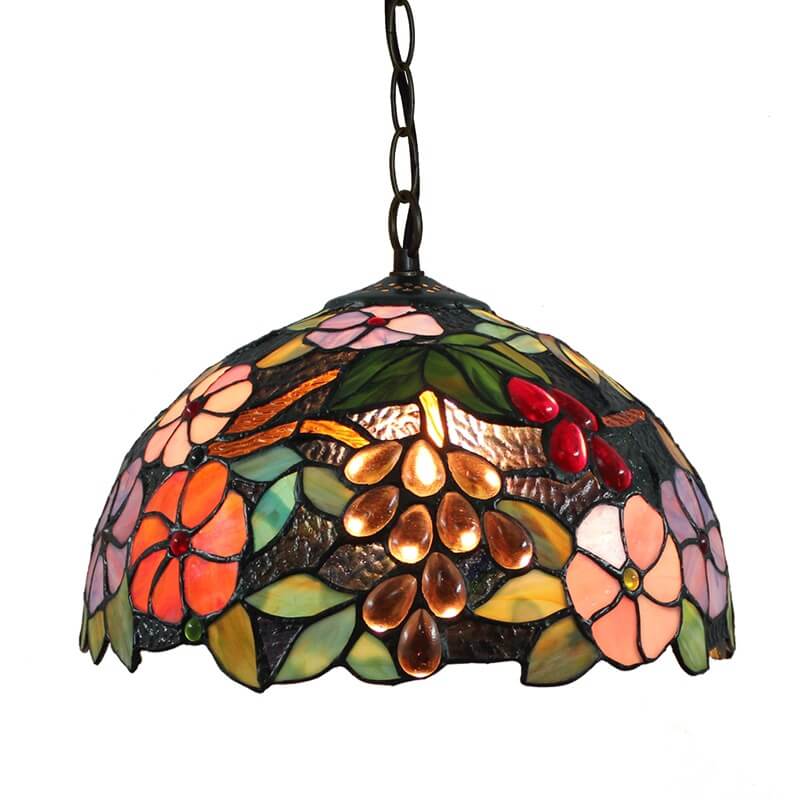 Traditional Tiffany Iron Stained Glass Flower Shape 1-Light Pendant Light For Living Room