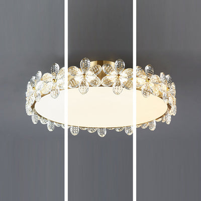 Contemporary Creative Cylindrical Cherry Blossom Copper Glass Crystal LED Semi-Flush Mount Ceiling Light For Living Room