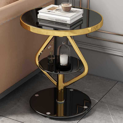 Contemporary Nordic Round Lozenge Glass Stainless Steel End Table 2-Tier For Living Room