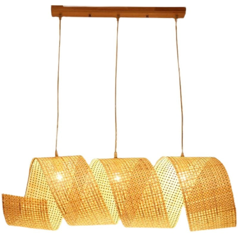 Traditional Japanese Bamboo Weaving Ribbon Shape 2/3-Light Chandelier For Dining Room