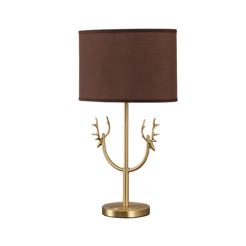 Contemporary Retro Fabric Brass Cylinder Deer 1-Light Table Lamp For Bedside