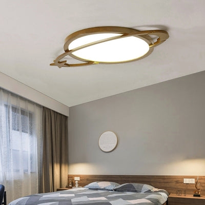 Contemporary Scandinavian Wood Acrylic Planet Round LED Flush Mount Ceiling Light For Bedroom