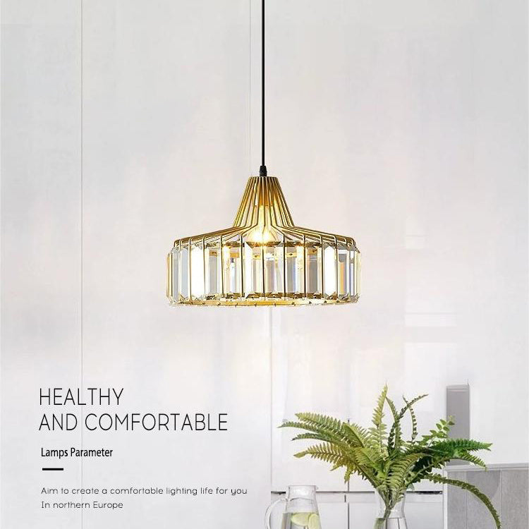 Contemporary Luxury Iron Cylinder Frame Crystal Shade 1-Light Pendant Light For Living Room