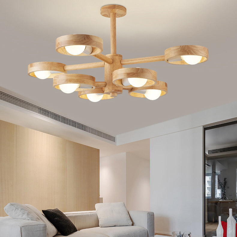 Contemporary Nordic Round Rotatable Rubber Wood 6/8 Light Chandeliers For Living Room