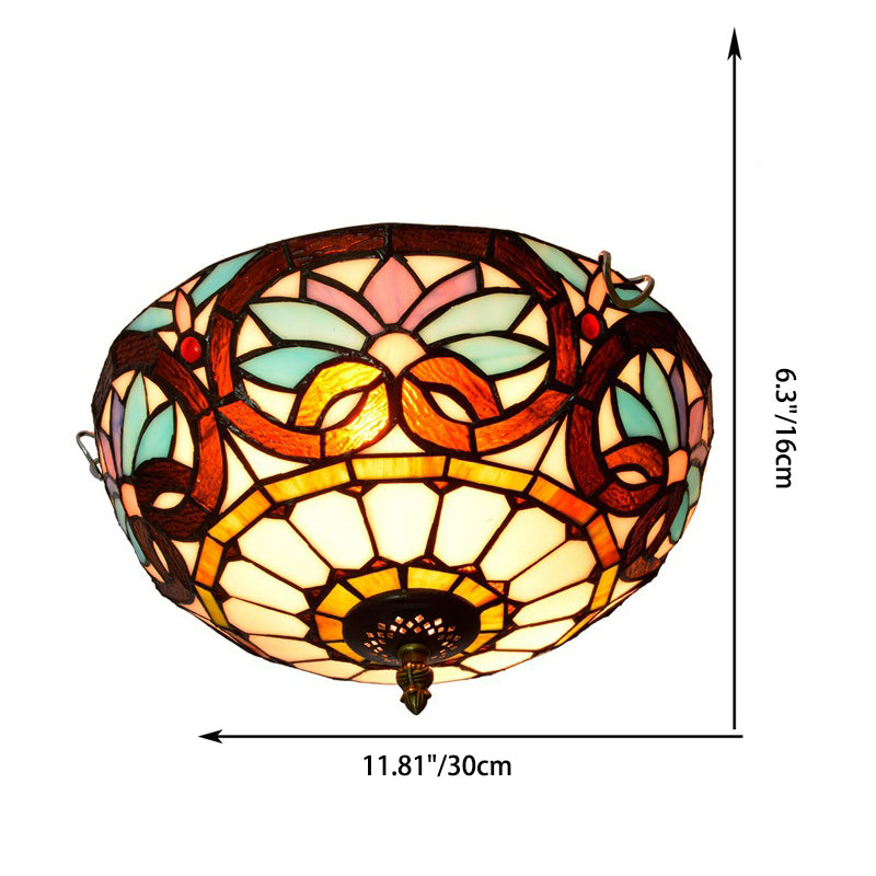 Traditional Tiffany Dome Iron Glass 2-Light Flush Mount Light For Living Room