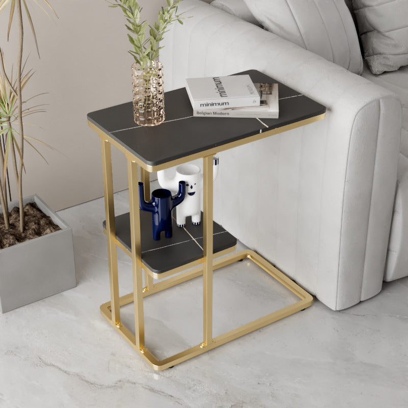 Contemporary Nordic Rectangular Rock Slab Metal End Table 2-Tier For Living Room