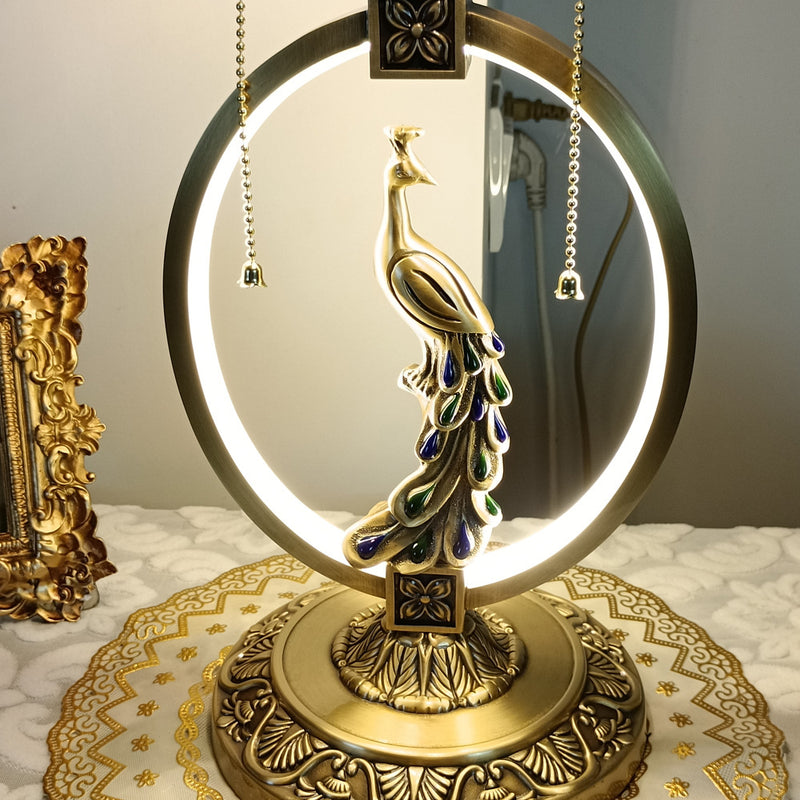 Traditional Tiffany Copper Glass Dome Round Peacock Cockatoo 1-Light Table Lamp For Bedroom