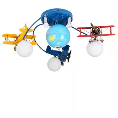 Modern Art Deco Orb Airplane Globe Glass Iron Kids 6-Light Flush Mount Ceiling Light For Bedroom