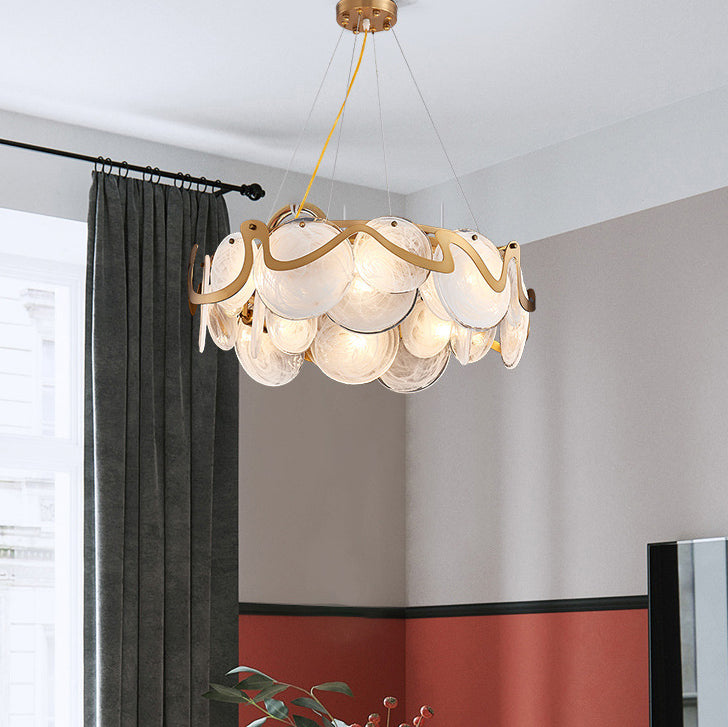 Contemporary Luxury Gold Finish Frame Cloud Texture Glass Disc 8/10-Light Chandelier For Living Room