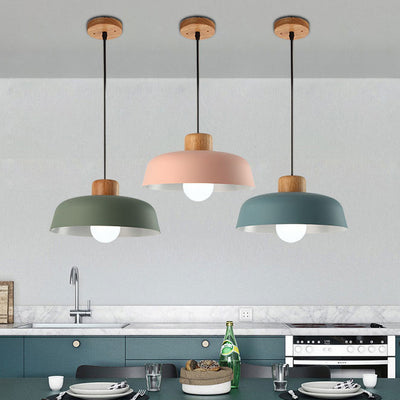 Contemporary Scandinavian Round Bowl Metal Rubber Wood 1-Light Pendant Light For Dining Room